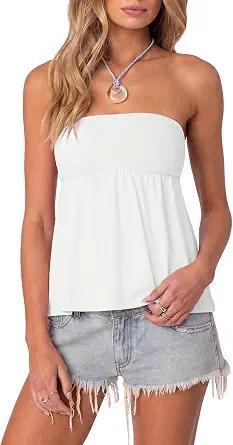 Visit the SUUKSESS Store SUUKSESS Women Peplum Tube Tops with Built in Bra Summer Cute Sleeveless Strapless Babydoll Tank Top