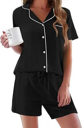Visit the Ekouaer Store Ekouaer Pajamas Set for Women Short Sleeve Sleepwear Button Down Pjs Soft 2 Piece Lounge Sets XS-XXXL