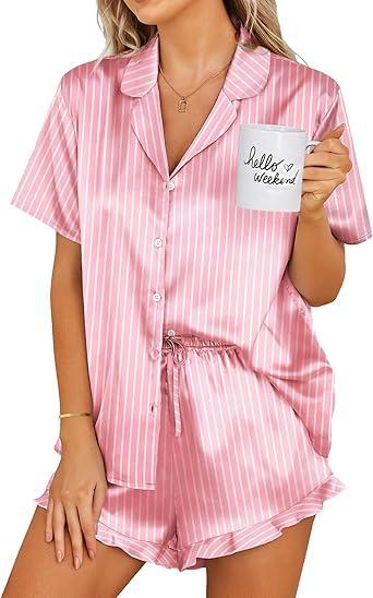 Click to play video Click to play video Visit the Ekouaer Store Ekouaer Womens Satin Pajamas Set Button Down 2 Piece Silk Pjs Shorts Set Ruffle Lingerie Notch Collar Sleepwear