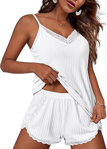 Visit the Ekouaer Store Ekouaer Womens Pajama Sets Soft Lingerie Sleepwear 2 Piece Cami Shorts Set V Neck Pj Lace Nightwear