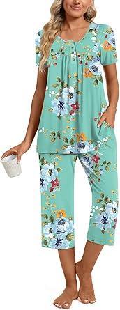 Visit the COFNEW Store Womens Summer Pajama Sets 2 Piece Short Sleeve Top and Capri Pants Plus Size Ladies Lounge Pjs Sets with Pockets