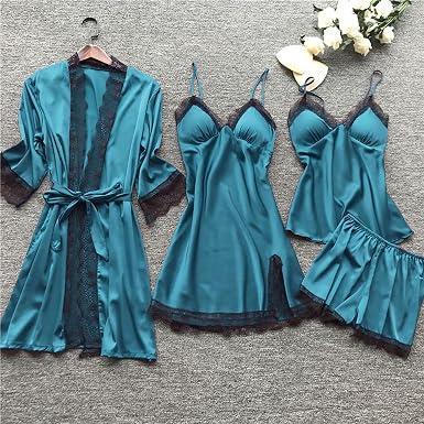 Brand: XINGJIAARTS Silk Pajamas For Women Set 4pcs Sexy Plus Size Lingerie Cami Nightgown Shorts with Belted Robe Lounge Sleepwear