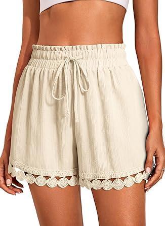 Visit the Dokotoo Store Dokotoo Womens Shorts Summer Casual Loose Elastic Waist Drawstring Lace Boho Beach Cover Up Shorts