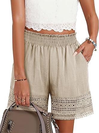 Visit the Hubery Store Women's Casual Elastic Waist Lounge Shorts Comfy Stretch Lace Trim Summer Beach Linen Ruffle Shorts