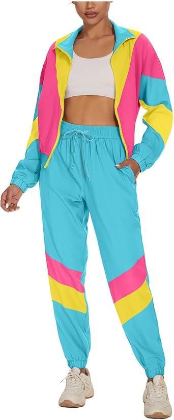 Visit the UOUA Store UOUA Women's Color Block 2 Piece 80s 90s Outfits Long Sleeve Windbreaker Jacket Tracksuit Set