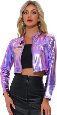 Visit the Allegra K Store Allegra K Cropped Jacket Women Disco Outfits Metallic Stand Collar Party Club Long Sleeve Crop Jackets