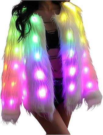 Visit the SHINYOU Store Women Faux Fur Jacket LED Light Up Jacket Halloween Chirstmas Music Festival Gift Winter Night Out Coat Plus Size