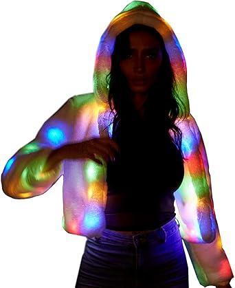 Visit the NIWOTA Store LED Faux Fur Jacket for Women Light up Rave Outfits Glow Costume for Parties