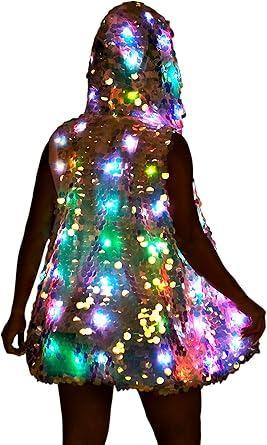 Visit the NIWOTA Store LED Light up Sequin Jacket for Women Flash Sparkly Vest Led Rave Costume Festival Outfits