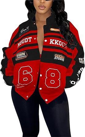 Visit the CALEBGAR Store Women Varsity Jacket Motorcycle Detachable Letter Graphic Racer Vintage Colorblock Baseball Coats Streetwear