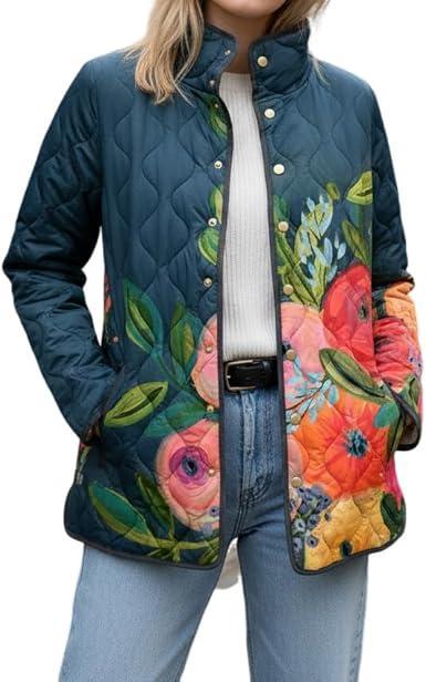 Visit the Akivide Store Akivide Women's Vintage Floral Pattern Quilted Jacket Casual Fall Winter Snap Button Open Lightweight Coat with Pocket
