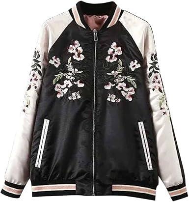 Brand: Viport Women's Floral Phoenix Embroidered Reversible Bomber Jacket Black Red