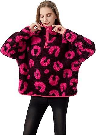 Visit the HYGLuosie Store Fashion Women's Sherpa Pullover, Fleece Stand Collar Jacket with Animal Geometric Print, Cozy Outerwear