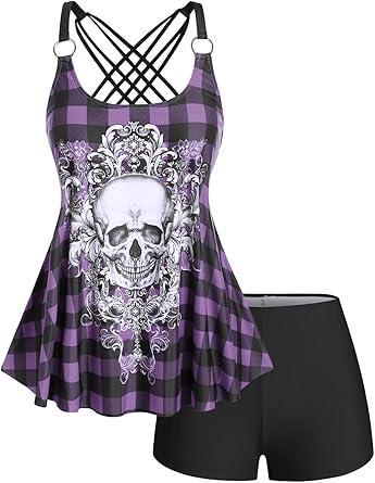 Visit the ROSE GAL Store Rosegal Womens Plus Size Gothic Skull Plaid Padded Boyleg Strappy Modest Tankini Swimsuit Set