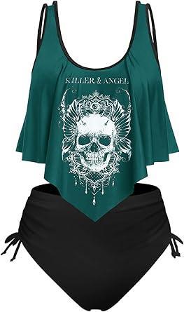 Visit the ROSE GAL Store Rosegal Womens Plus Size Curve Gothic Skull Print Ruffled Overlay Tankini Swimwear Set