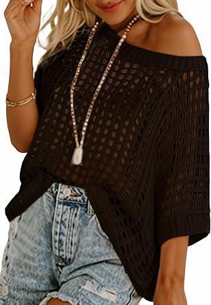 Visit the Dokotoo Store Dokotoo Womens Summer Scoop Neck Short Sleeve Sweater Casual Crochet Hollow Out Knit Tops Pullover Shirts Beach Coverup