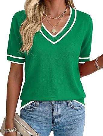 isit the Rapbin Store Rapbin Womens Short Sleeve Sweater Summer V Neck Tops Casual Knit Shirts Lightweight Pullover Top