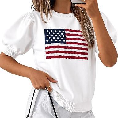 Visit the Grewear Store Puff Sleeve American Flag Sweater, Patriotic USA Knit Top for Women, Elegant 4th of July, Star and Stripes Jumper