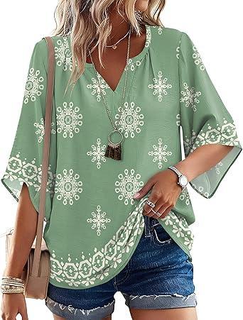 Visit the LOMON Store LOMON Women's 3/4 Length Sleeve Boho Tops V Neck Casual Vacation Clothes Loose Fit Tunic Shirts S-3XL
