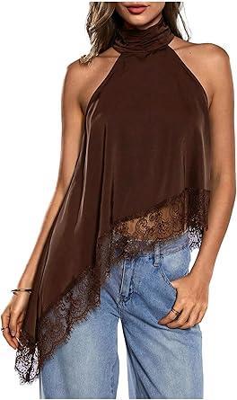 Visit the Milumia Store Milumia Women's Halter Neck Sleeveless Top Lace Asymmetrical Hem Summer Going Out Tank Tops