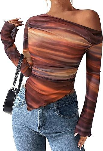 Visit the PRETTYGARDEN Store PRETTYGARDEN Womens Fall Trendy Off Shoulder Y2k Tops 2026 Tie Dye Mesh Long Sleeve Shirts Asymmetrical Ruched Floral Blouse