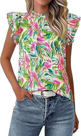 Visit the PRETTYGARDEN Store PRETTYGARDEN Women's Ruffle Short Sleeve Summer Tops 2026 Trendy Floral Trim Neck Casual Dressy Chiffon Boho Blouses Shirts