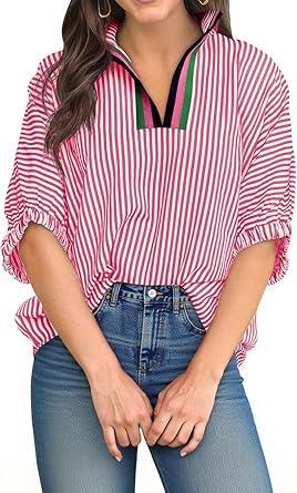 Visit the Tankaneo Store Tankaneo Womens V Neck Striped Blouse Oversized Dolman Sleeve Tops Summer Casual Loose Fit Polo Shirts