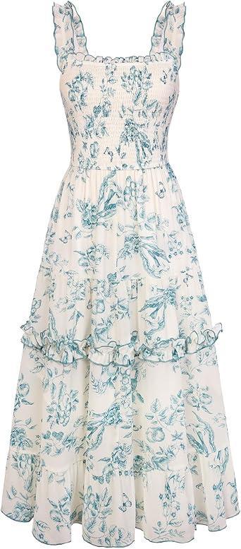 Visit the Scarlet Darkness Store Scarlet Darkness Floral Dress for Women 2026 Flowy Sundress Smocked Cottagecore Dresses