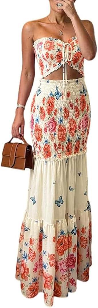 Visit the CHICME Store CHICME Floral Printed Vacation Dress Halter Tie Ruched Shirred Bandeau Party Dress Slim Ruffle Hem Wedding Guest Dress