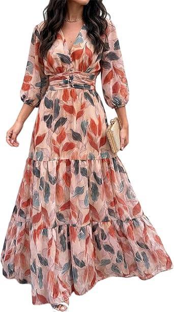 Visit the CHICME Store CHICME Women’s Summer Boho Maxi Dress V Neck 3/4 Puff Sleeve Floral Flowy Wedding Guest Vacation Beach Long Dress