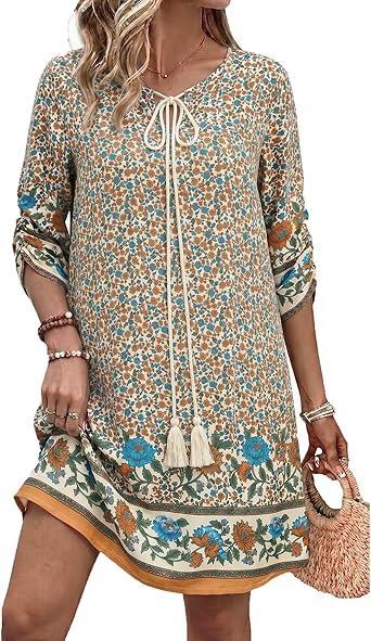 Visit the HOTOUCH Store HOTOUCH Boho Dresses for Women Casual Beach Summer Dress V Neck 3/4 Long Sleeve Short Floral Print Swimsuit Cover Up Sundress