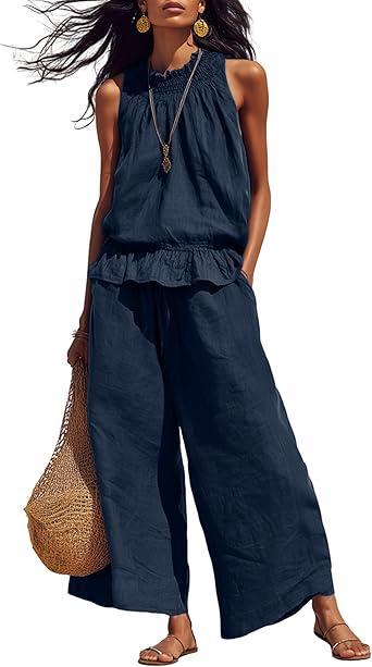 Visit the Tanming Store Tanming Women's Linen 2 Piece Outfits Sleeveless Ruffle Top Wide Leg Pants Summer Loungewear Beach Travel Sets