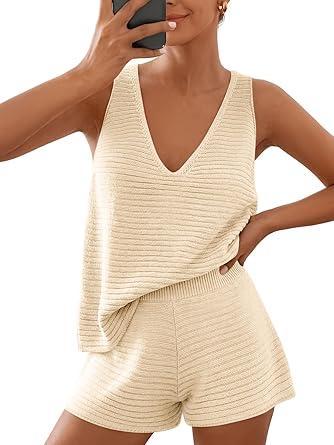 Visit the LILLUSORY Store LILLUSORY Women's Summer 2 Piece Vacation Short Sets Matching V Neck Cute Beach Outfits 2026 Lounge Coastal Set Knit Pajamas