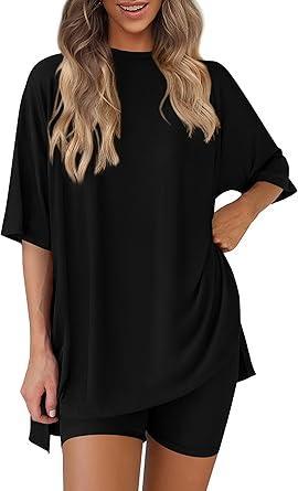 Visit the PRETTYGARDEN Store PRETTYGARDEN Women 2 Piece Lounge Set 2026 Summer Casual Oversized Shirts Biker Shorts Matching Airport Travel Outfit Clothes