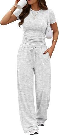 Visit the Trendy Queen Store Trendy Queen 2 Piece Matching Summer Lounge Set Womens Side Ruching Top Wide Leg Pants Sets with Pockets
