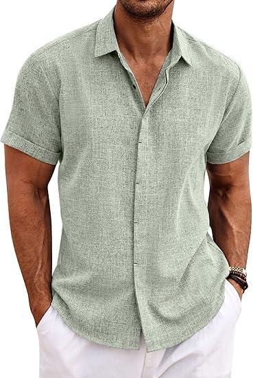 Visit the COOFANDY Store COOFANDY Men's Linen Shirts Short Sleeve Casual Shirts Button Down Shirt for Men Beach Summer Wedding Shirt