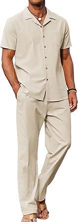 Visit the COOFANDY Store COOFANDY Men 2 Piece Linen Outfit Beach Button Down Shirt Casual Loose Pant Sets