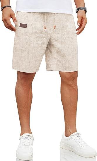 Visit the COOFANDY Store COOFANDY Mens Casual Linen Shorts Elastic Waist Drawstring Loose Fit Summer Beach Vacation Shorts with Pockets