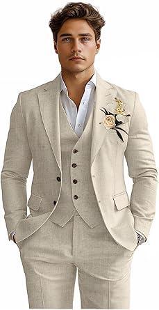 Visit the Diaryan Store Linen Mens Suits 3 Piece Slim Fit Tuxedo Suit for Men Beach Wedding Formal Business Suit Groom Prom Set Outfits