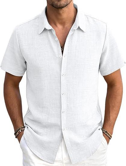 Visit the LINENNMAIN Store Men's Linen Shirts Casual Lightweight Button Down Shirt Beach Vacation Summer Tops Short Sleeve Stylish Shirt