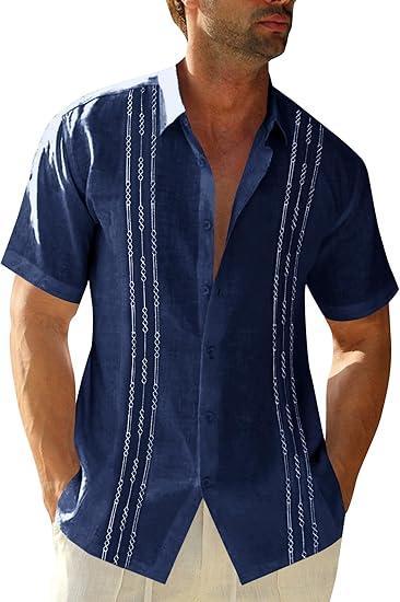 Visit the Runcati Store Runcati Mens Short Sleeve Guayabera Shirts Linen Cotton Button Down Mexican Embroidered Cuban Wedding Shirt Summer Beach Tops