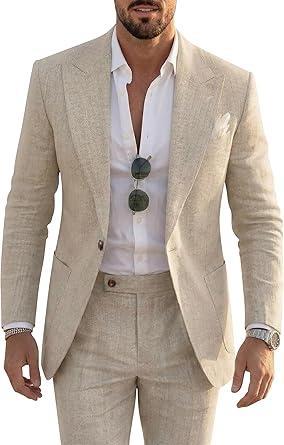 Visit the ZKHOECR Store Mens Linen Suit 2 Piece Beach Wedding Casual Suit Jacket and Dress Pants Set Slim Fit Lightweight Suit Prom Tuxedo