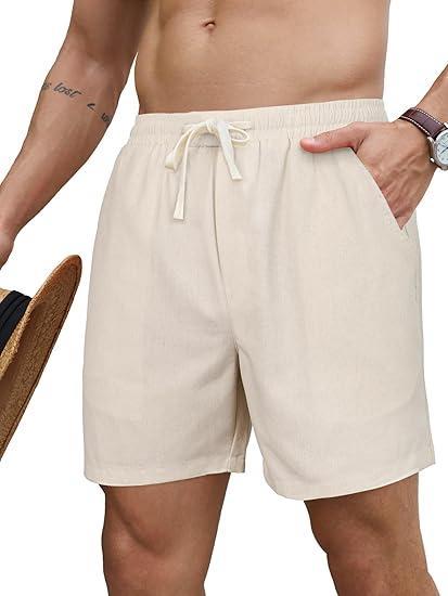 Visit the PLEPAN Store PLEPAN Mens 5 Inch Linen Shorts - Casual Elastic Waist Drawstring Summer Beach Shorts with Pocket