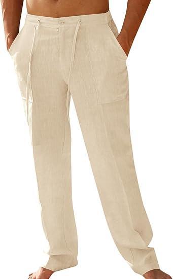 Visit the PASLTER Store PASLTER Mens Casual Linen Pants Loose Fit Elastic Drawstring Waist Straight-Legs Summer Yoga Beach Long Pants