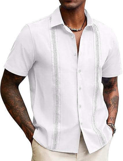 Visit the Lion Nardo Store Lion Nardo Guayabera Linen Shirts for Men Short Sleeve Button Down Shirt Hawaiian Shirt Cuban Summer Shirts Beach Shirts