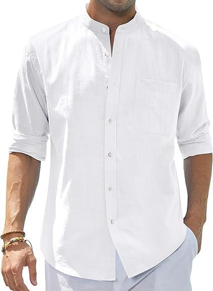 Visit the J.VER Store J.VER Men's Cotton Linen Long Sleeve Shirts Casual Button Down Banded Collar Shirt Beach Summer Tops with Pocket