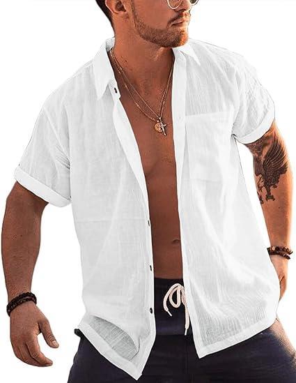 Visit the Bbalizko Store Bbalizko Mens Short Sleeve Button Up Shirts Linen Cotton Beach Tops Spread Collar Plain Summer T Shirt with Pocket