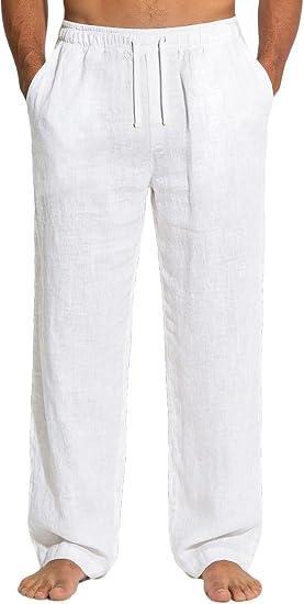Visit the QOSOQ Store Mens Linen Pants Summer Beach Pants Casual Loose Fit with Waist Drawstring Lightweight Vacation Clothing