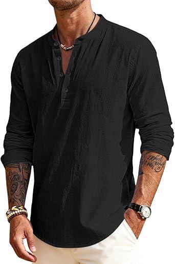 Visit the QOSOQ Store Men's Linen Shirts Henley T-Shirts Long Sleeve Casual Beach T-Shirts Solid Tops Shirts for Men Black
