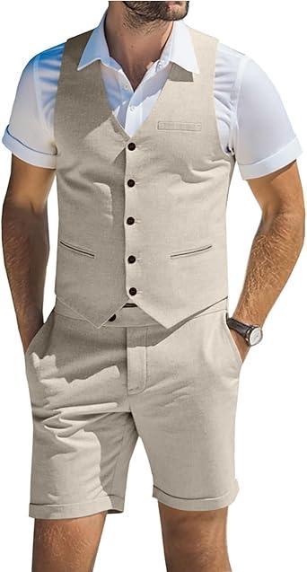 Visit the Diaryan Store Men's Suit Linen 2 Piece Vests Short Pants Suits for Men Casual Summer Beach Groomsmen Wedding Waistcoat Set Outfit